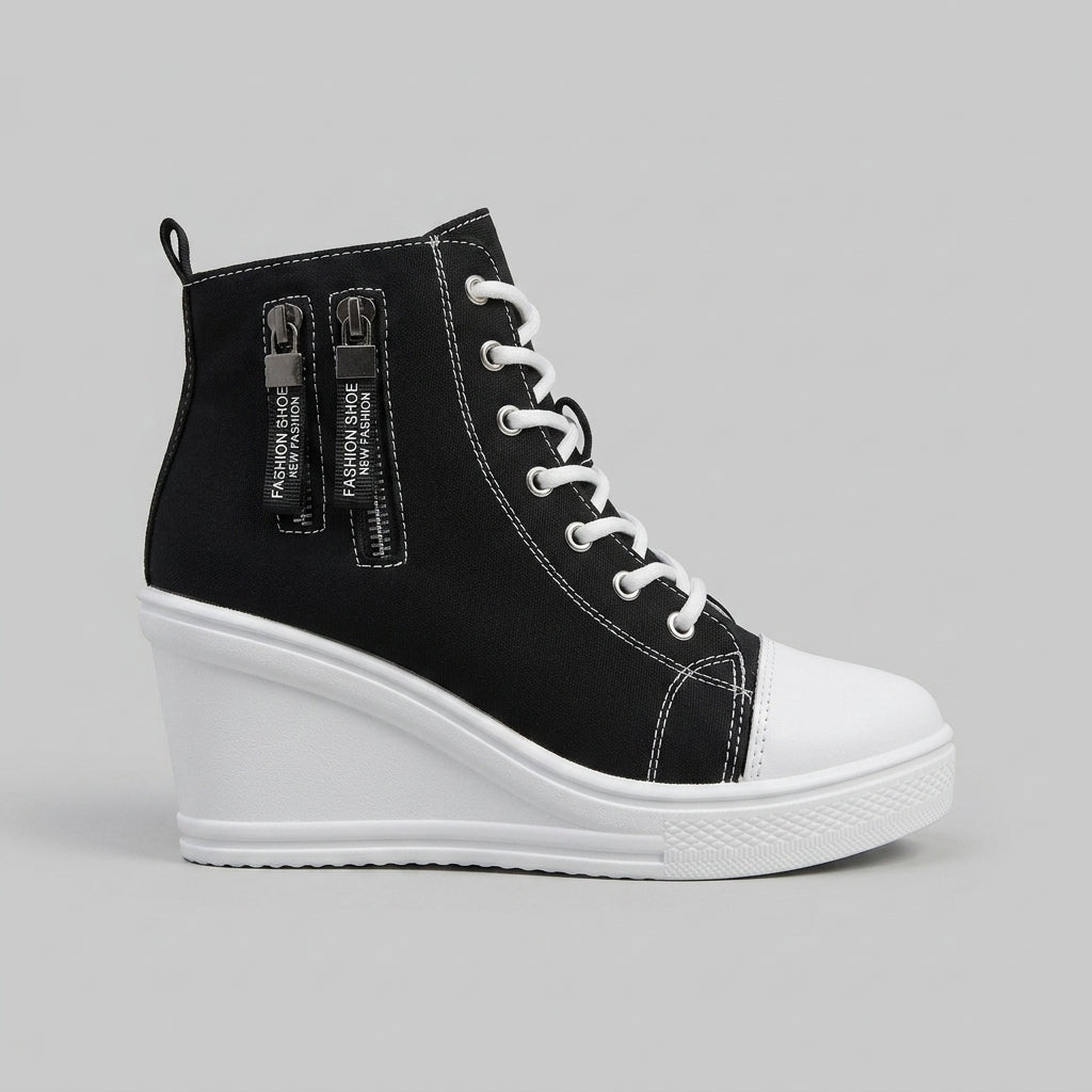 Women's Heeled Canvas Wedge Sneakers - Cap Toe Lace-Up