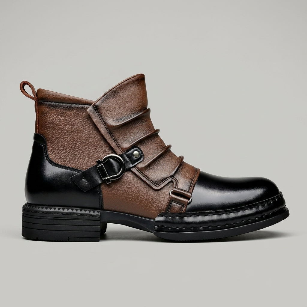Men's Ankle Boots - Multi-Buckle Strap - Two-Tone Leather - Block Heel