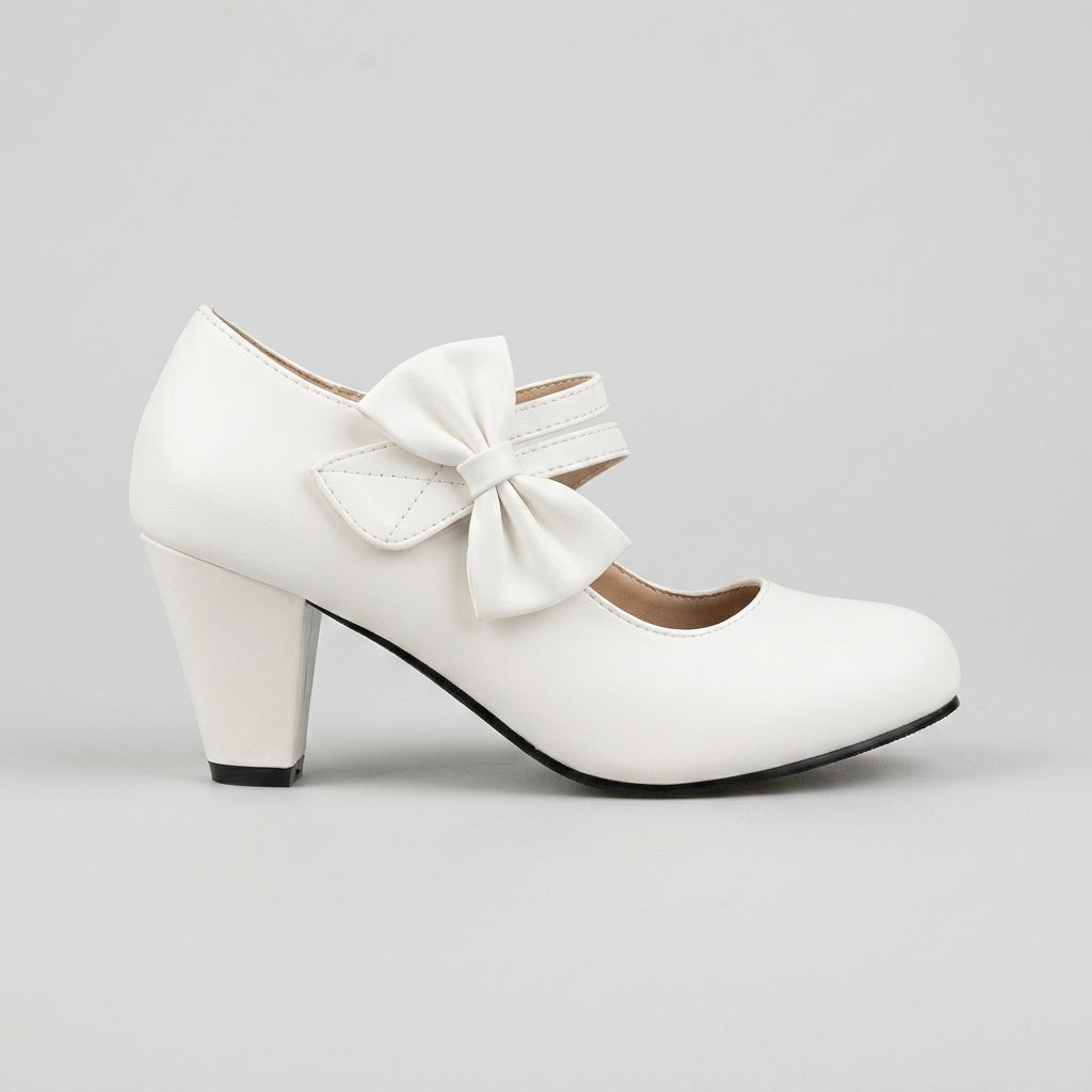 Women's Mary Jane Heels - Round Toe - Block Heel - Bow Detail