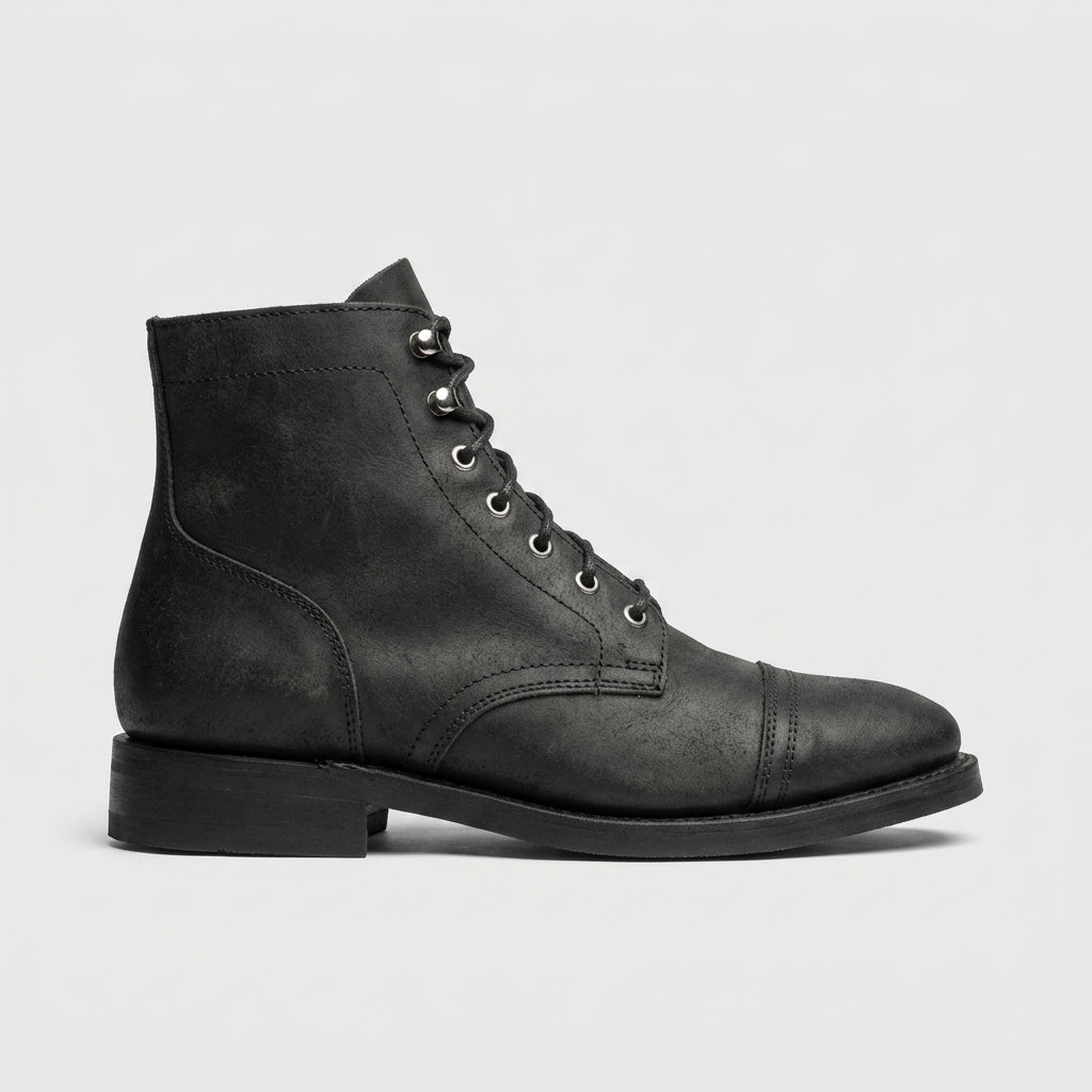Men's Ankle Boots - Lace-Up - Cap Toe - Low Stacked Heel