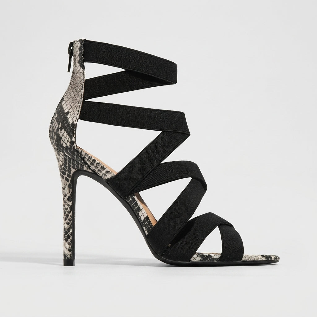 Women's Stilettos Open-Toe Crisscross Elastic Strap Snake Print