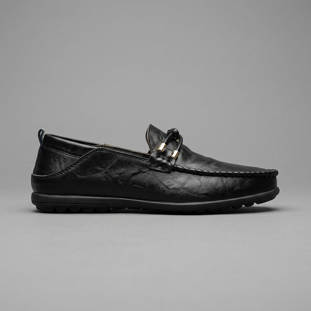 Men's Leather Driving Loafers with Ring Buckle Detail