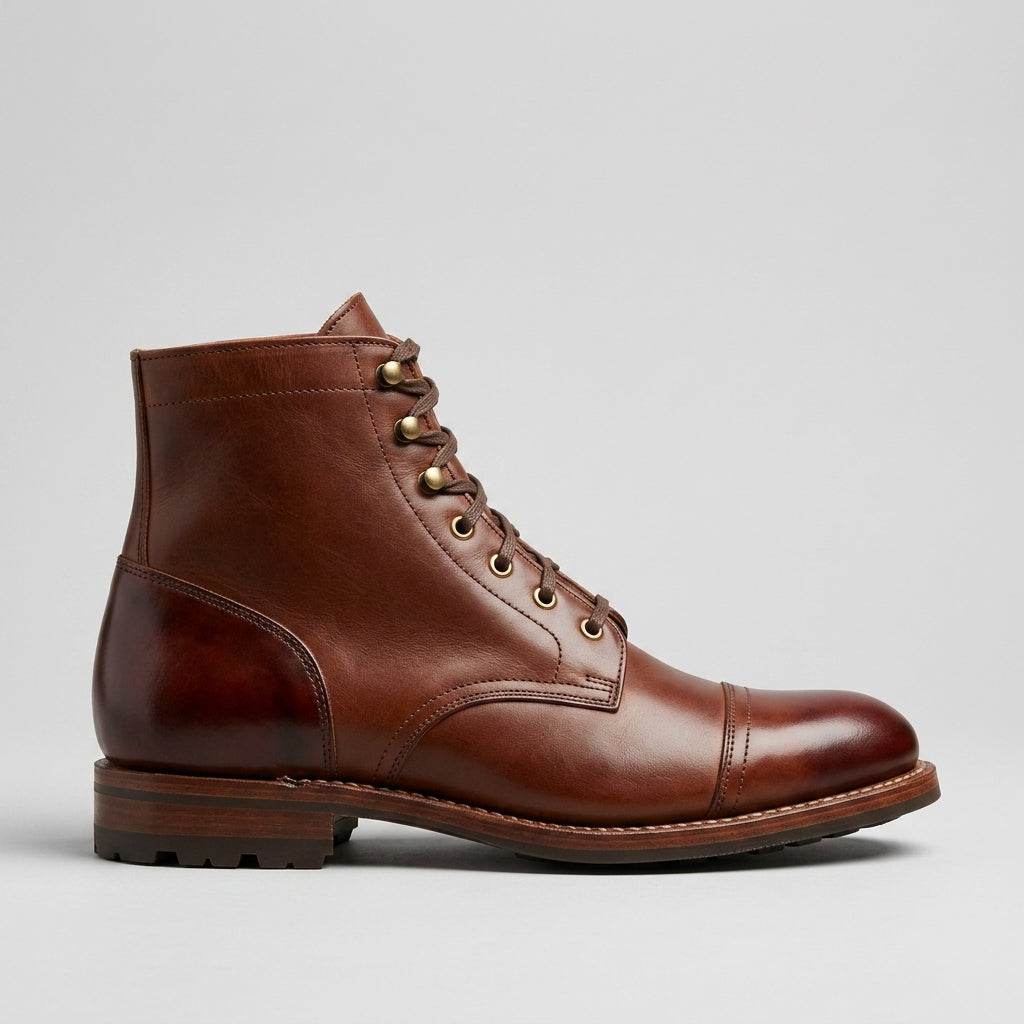 Men's Ankle Boots - Lace-Up - Cap Toe - Low Stacked Heel
