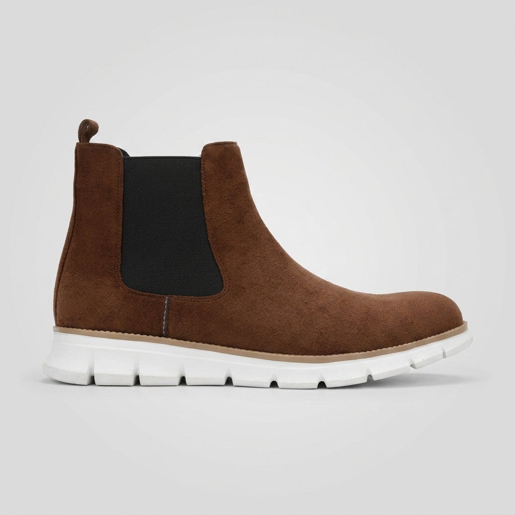 Men's Chelsea Boots Suede Ankle Round Toe Chunky Sole Pull Tab