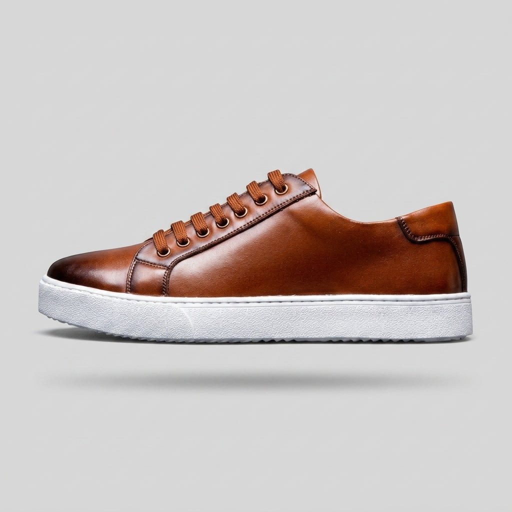 Men's Leather Low Top Sneakers - Round Toe Lace-Up