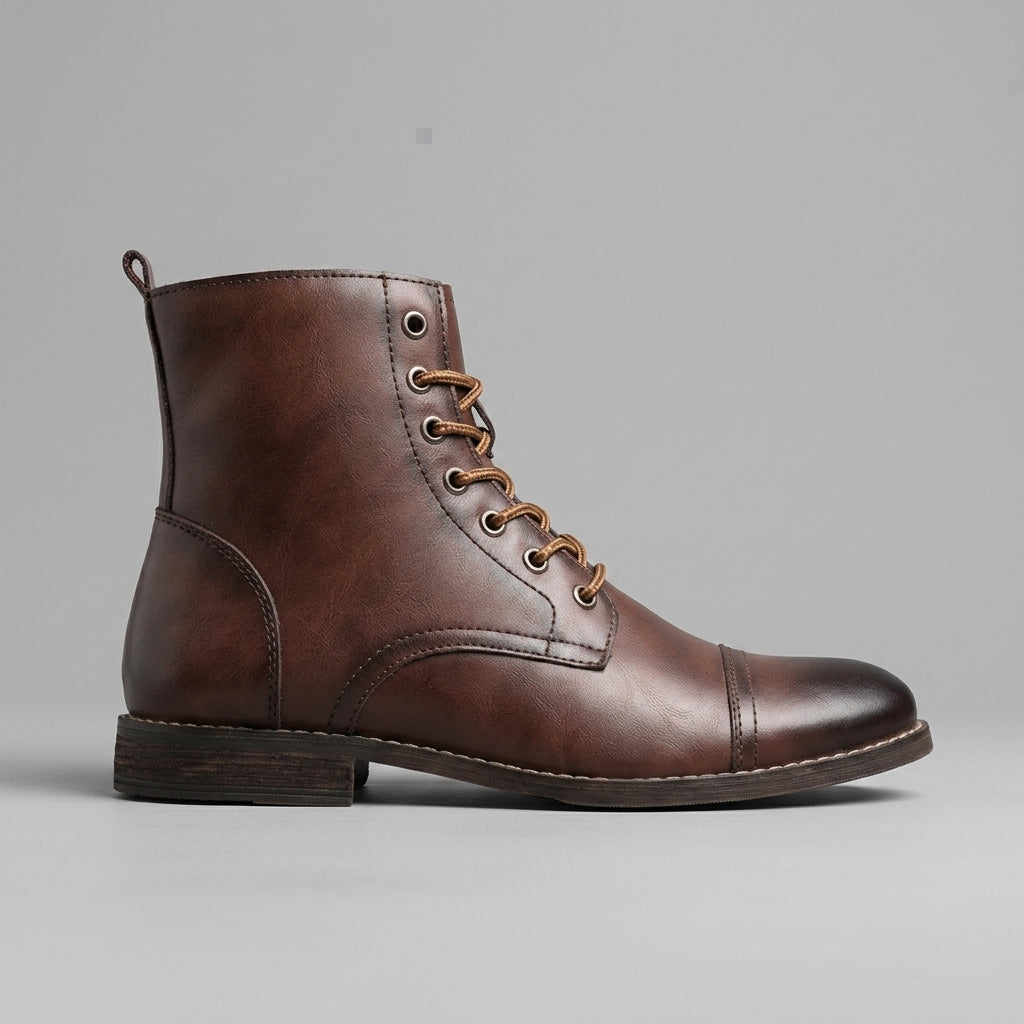 Men's Ankle Boots Lace-Up Cap-Toe Leather Low Block Heel