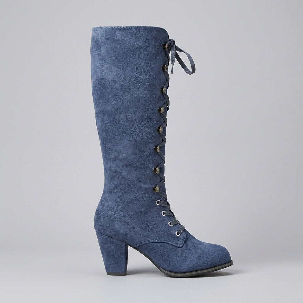 Women's Suede Lace-Up Knee High Boots - Block Heel