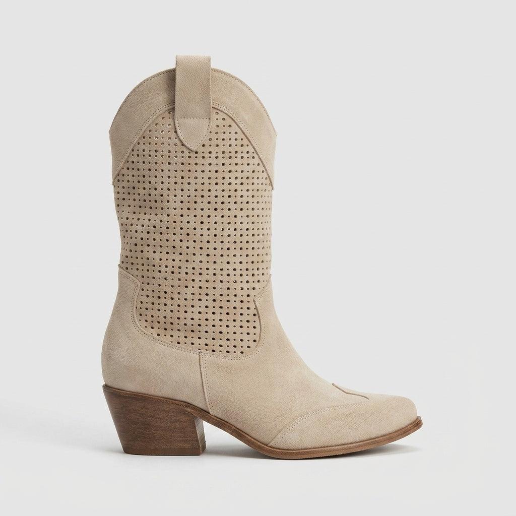 Women's Boots Perforated Mid-Calf Western Block Heel Pull-On