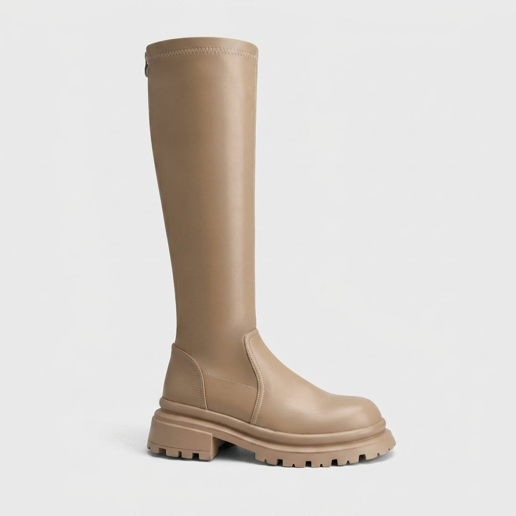 Women's Leather Knee High Boots - Chunky Lug Sole