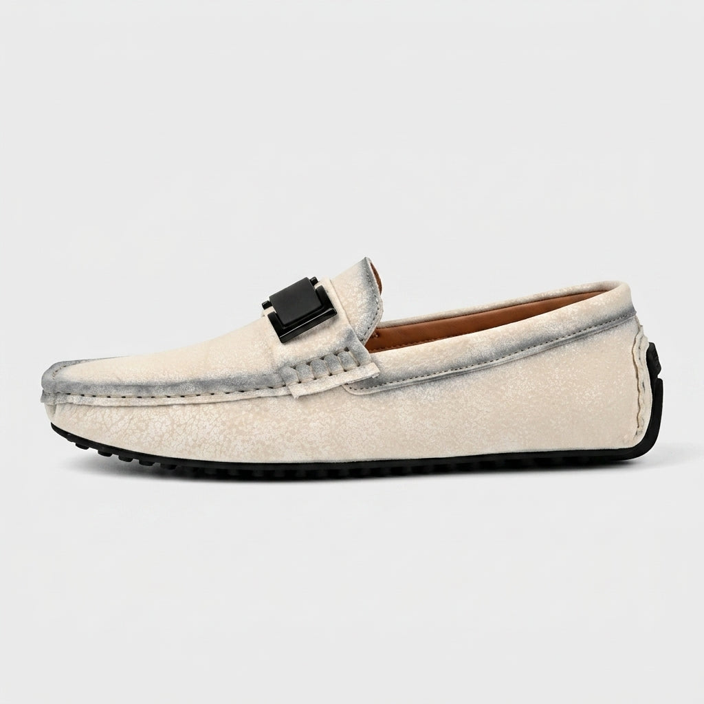 Men's Loafers Slip-On Buckle Detail Textured Suede Ridged Sole