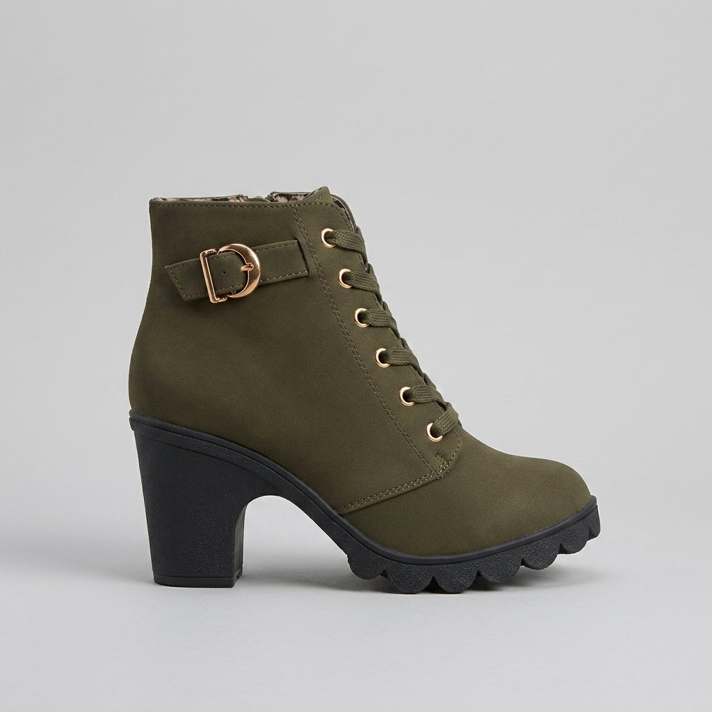 Women's Ankle Boots - Block Heel - Lace-Up - Side Zip - Buckle