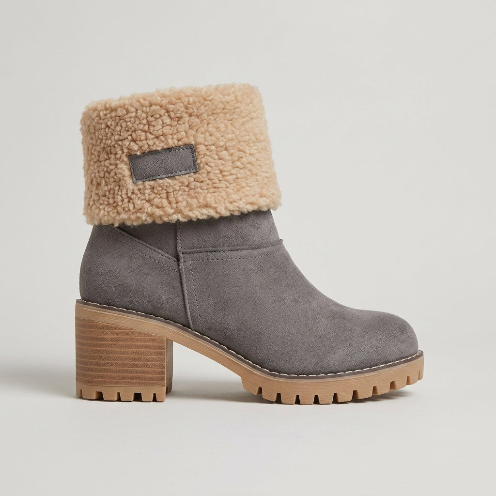 Women's Ankle Boots Faux Fur Trim - Block Heel Lug Sole Side Zip