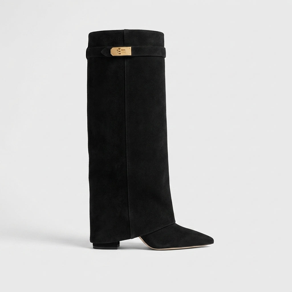 Women's Knee High Boots - Pointed Toe - Block Heel - Gold Buckle