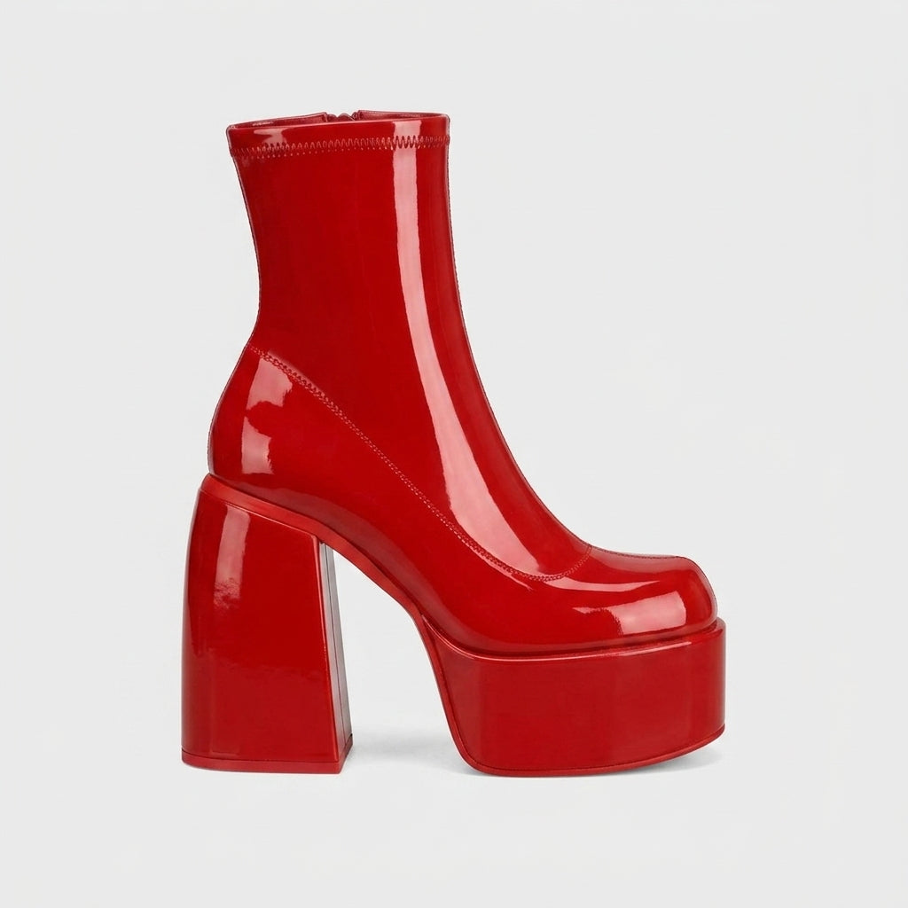 Women's Platform Boots - Ankle - Chunky Block Heel - Sock Fit - Side Zip