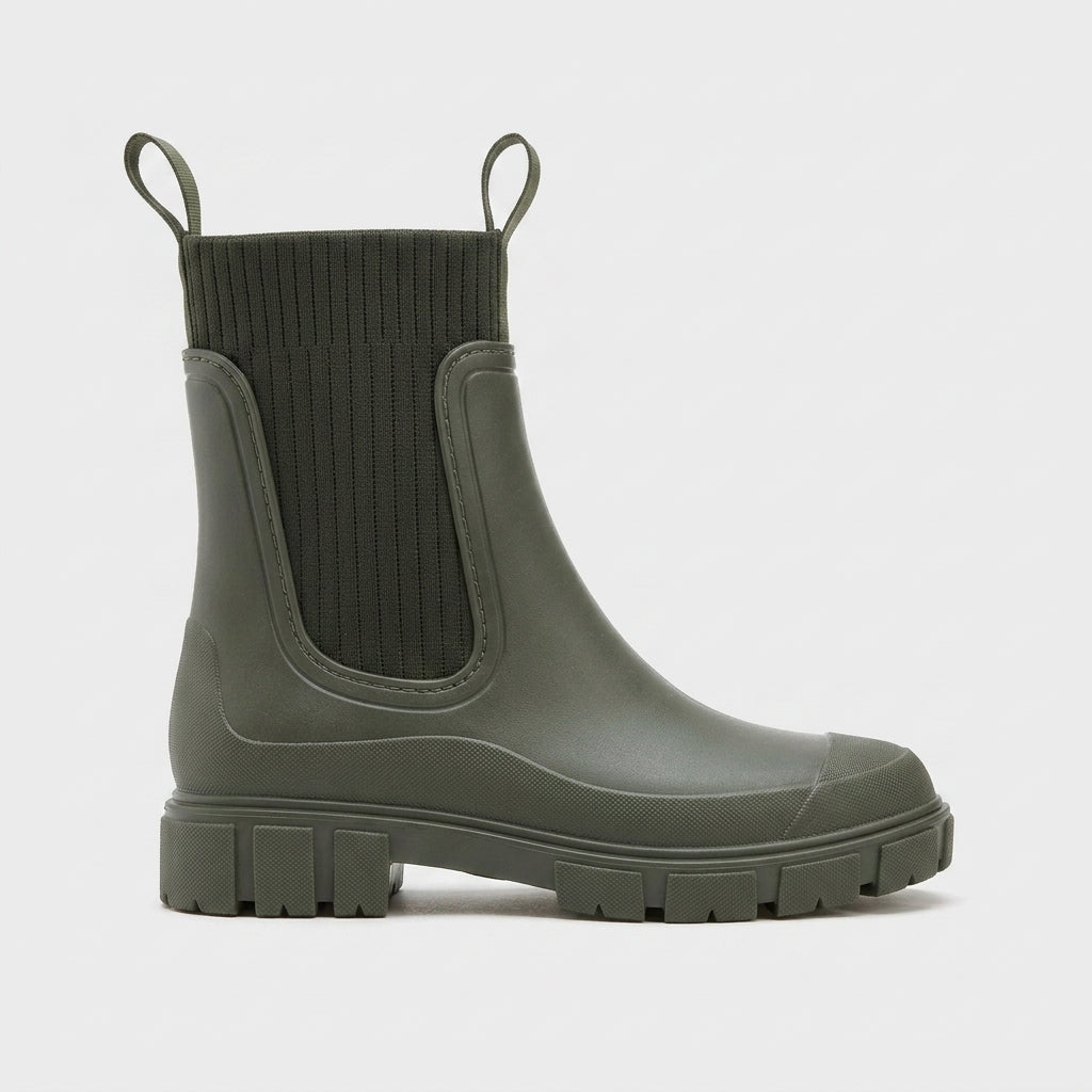 Women's Rain Boots - Round Toe Knit Panel Pull-On
