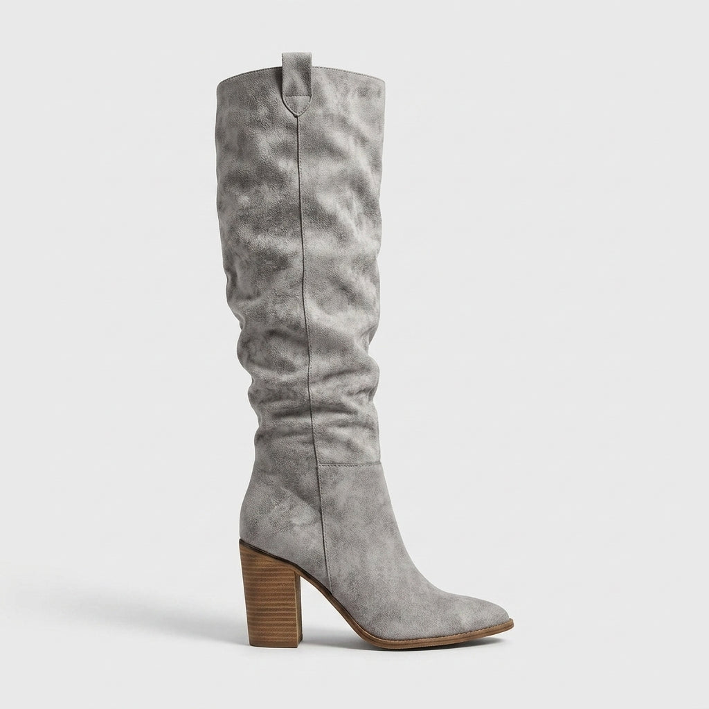 Women's Suede Knee High Boots - Pointed Toe Block Heel