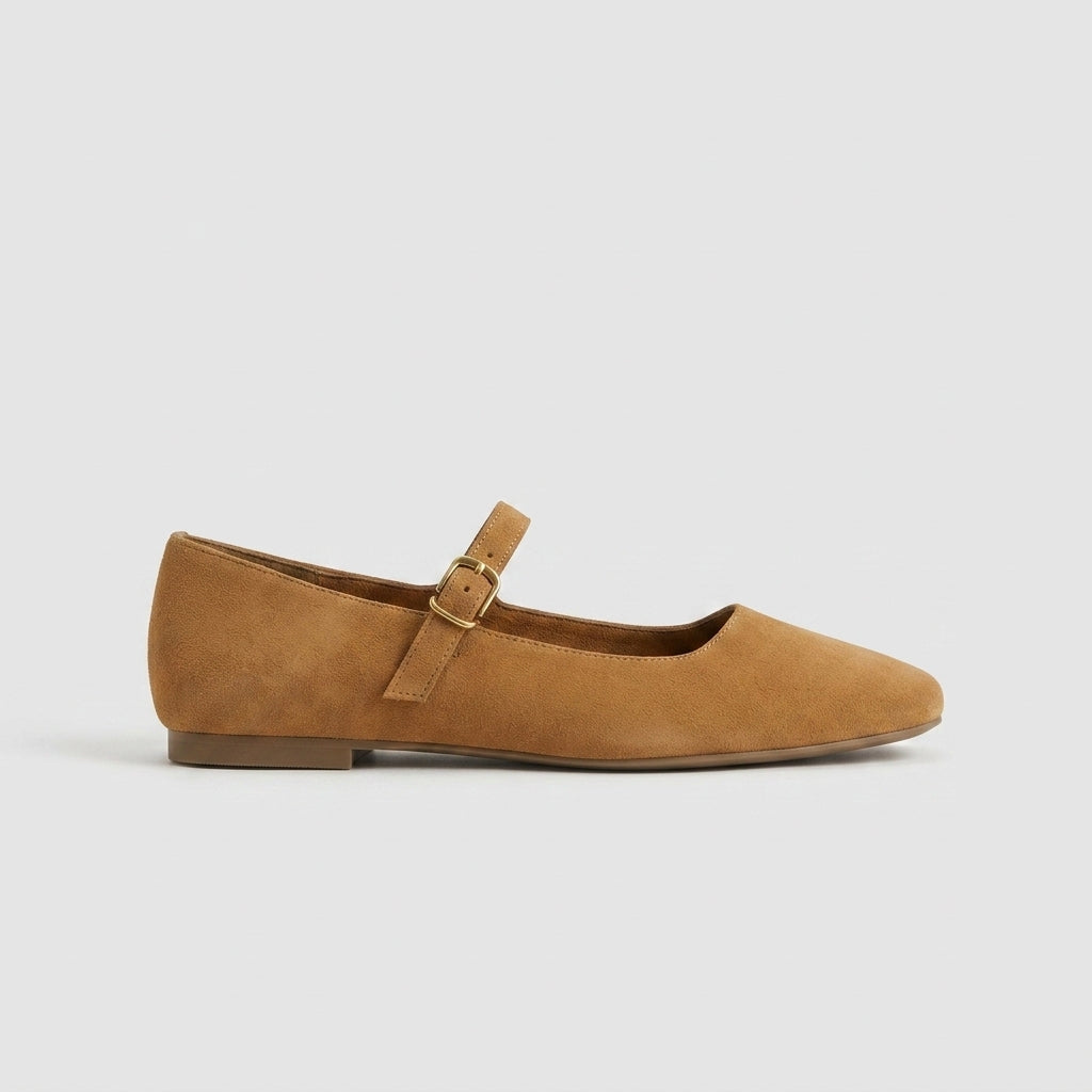 Women's Flats - Mary Jane - Suede - Round Toe - Buckle Strap