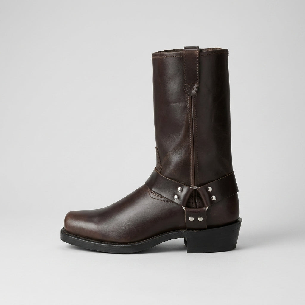 Men's Leather Harness Boots - Square Toe Buckle Strap