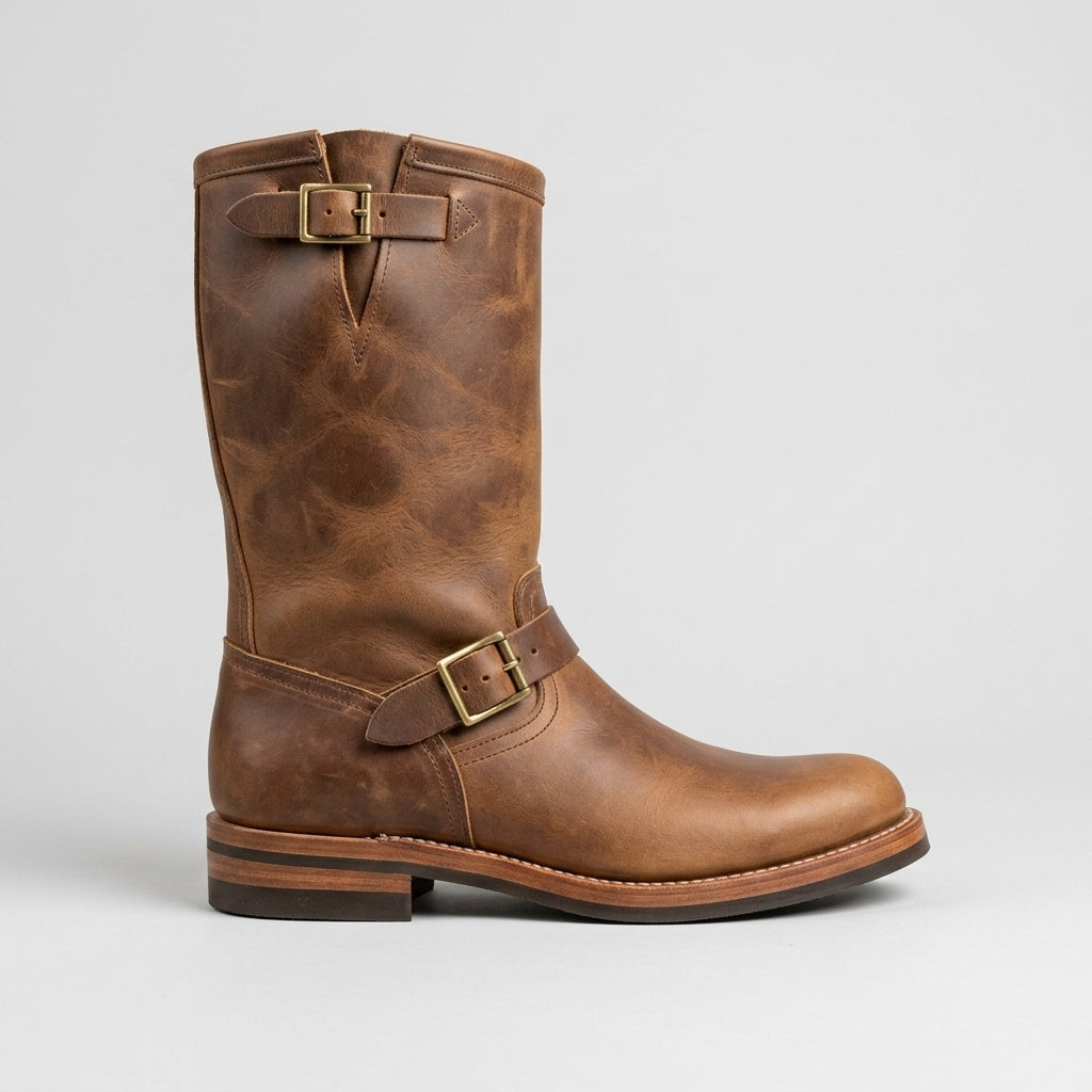 Men's Boots Leather Mid-Calf Double Buckle Round Toe Low Heel