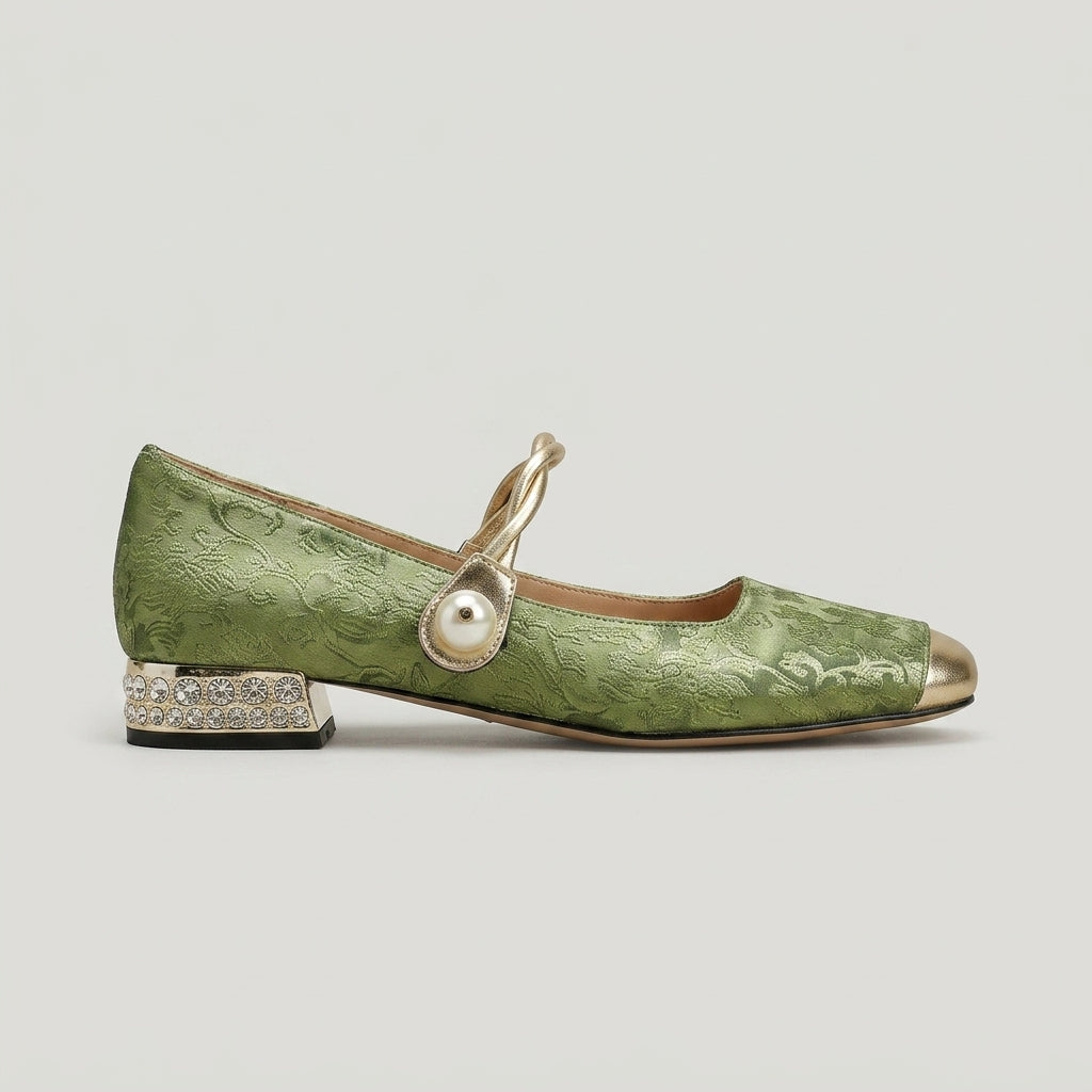 Women's Mary Jane Heels - Square Toe - Metallic Cap - Low Block