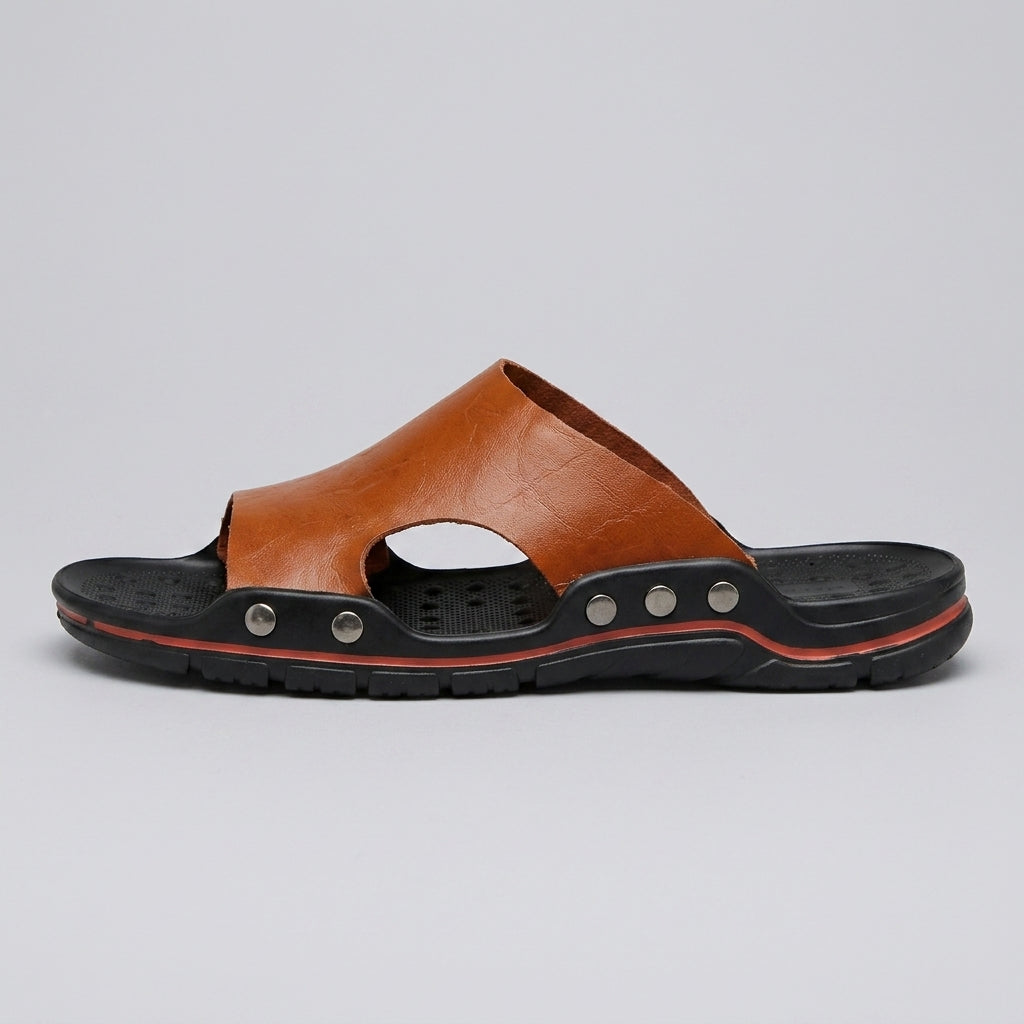 Men's Leather Slide Sandals - Open Toe Studded Sole