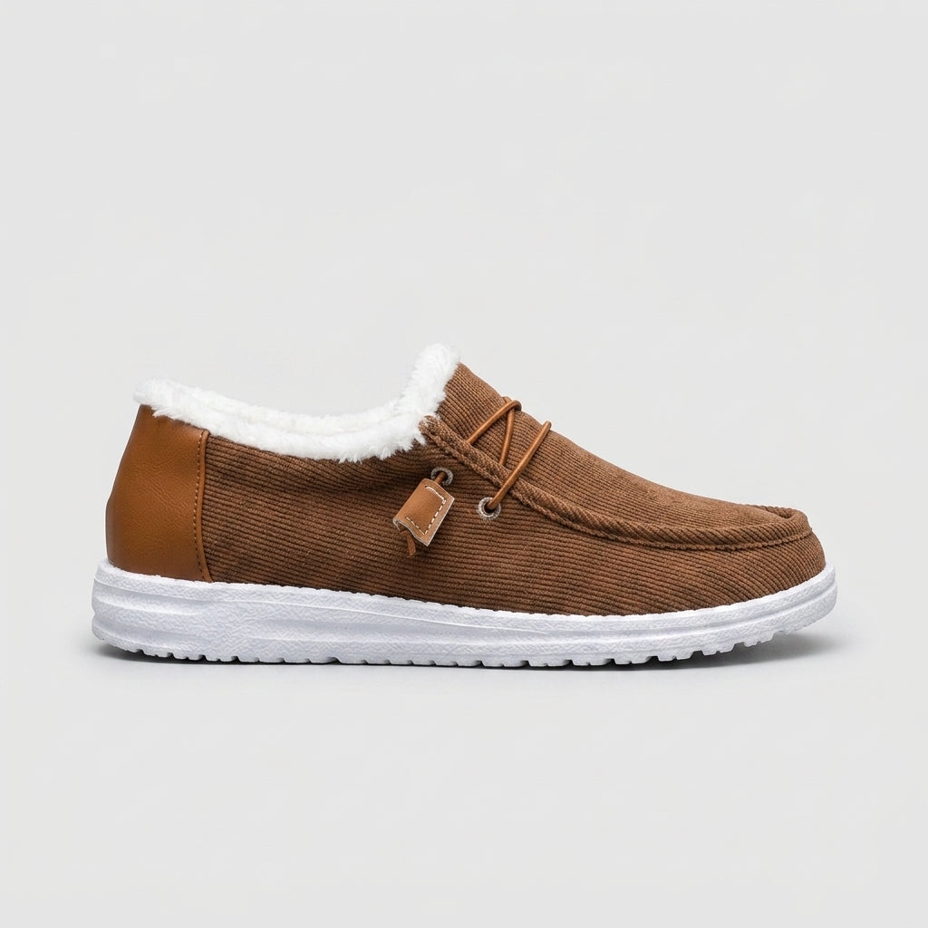 Women's Flats - Faux Fur Lined - Lace-Up Moccasin - Canvas Upper