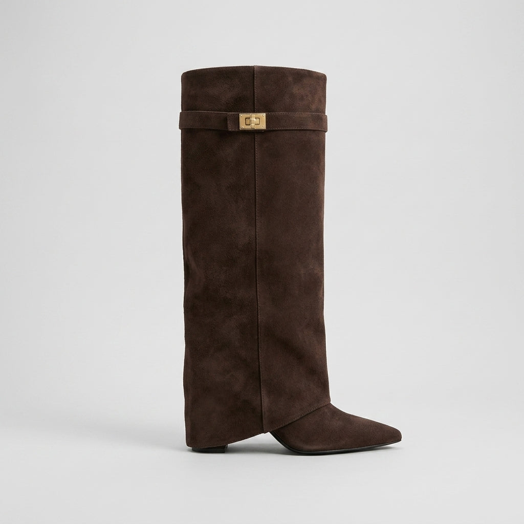 Women's Knee High Boots - Pointed Toe - Block Heel - Gold Buckle