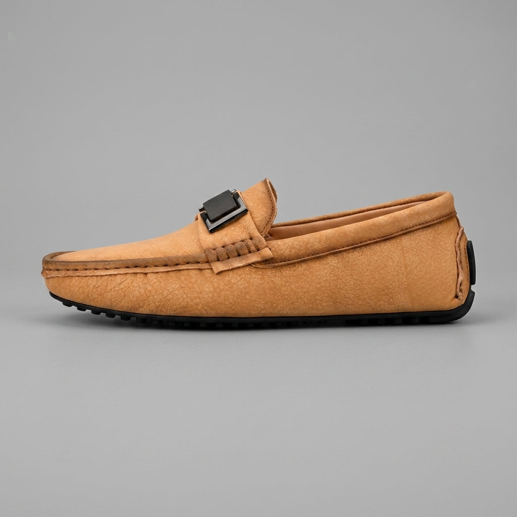 Men's Loafers Slip-On Buckle Detail Textured Suede Ridged Sole