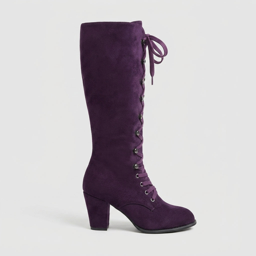 Women's Suede Lace-Up Knee High Boots - Block Heel