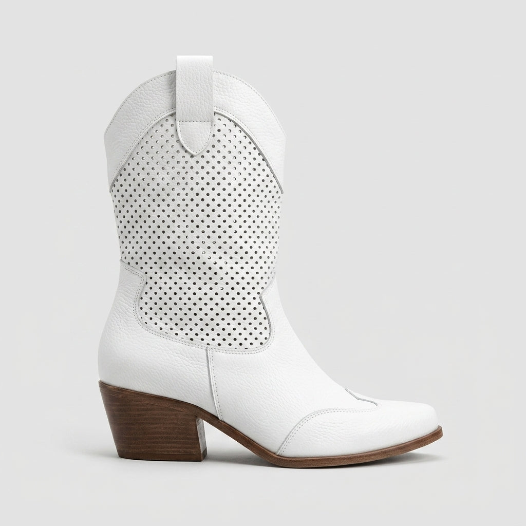 Women's Boots Perforated Mid-Calf Western Block Heel Pull-On
