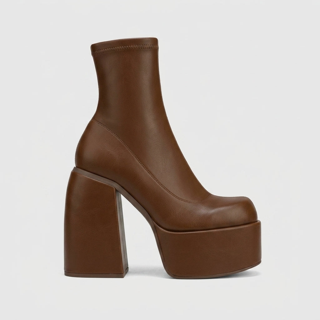 Women's Platform Boots - Ankle - Chunky Block Heel - Sock Fit - Side Zip