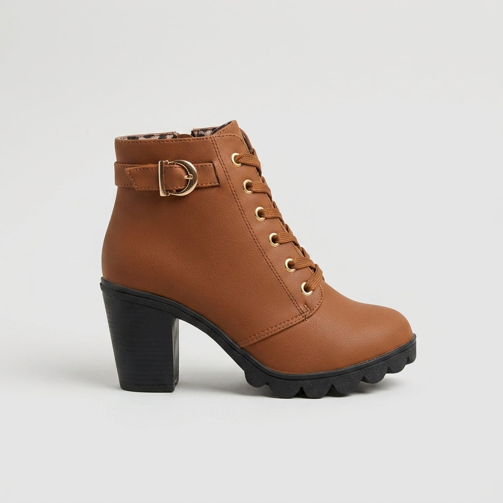 Women's Ankle Boots - Block Heel - Lace-Up - Side Zip - Buckle