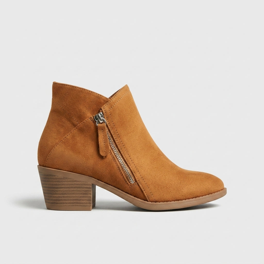Women's Suede Ankle Boots - Round Toe Block Heel