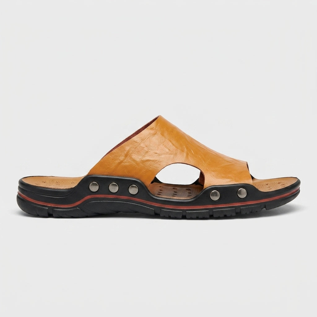 Men's Leather Slide Sandals - Open Toe Studded Sole