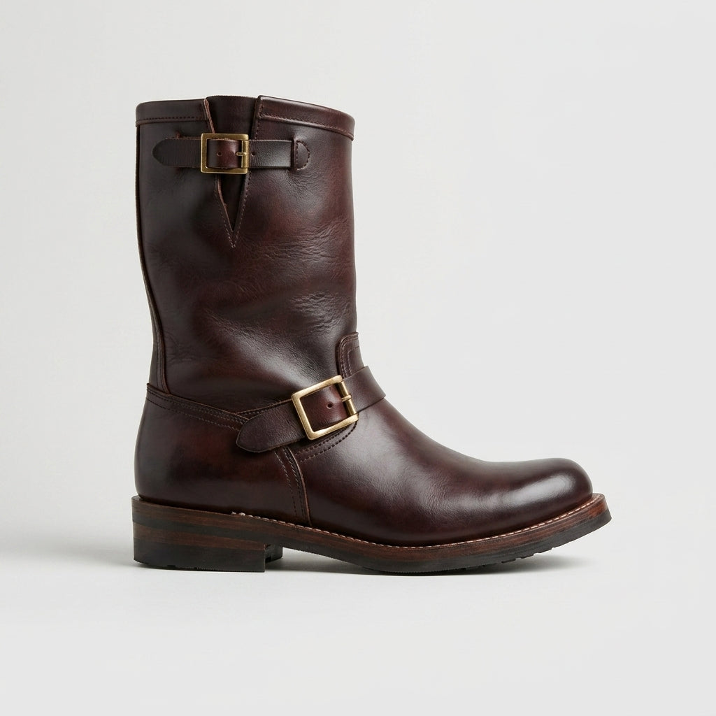 Men's Boots Leather Mid-Calf Double Buckle Round Toe Low Heel