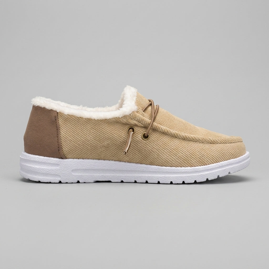 Women's Flats - Faux Fur Lined - Lace-Up Moccasin - Canvas Upper