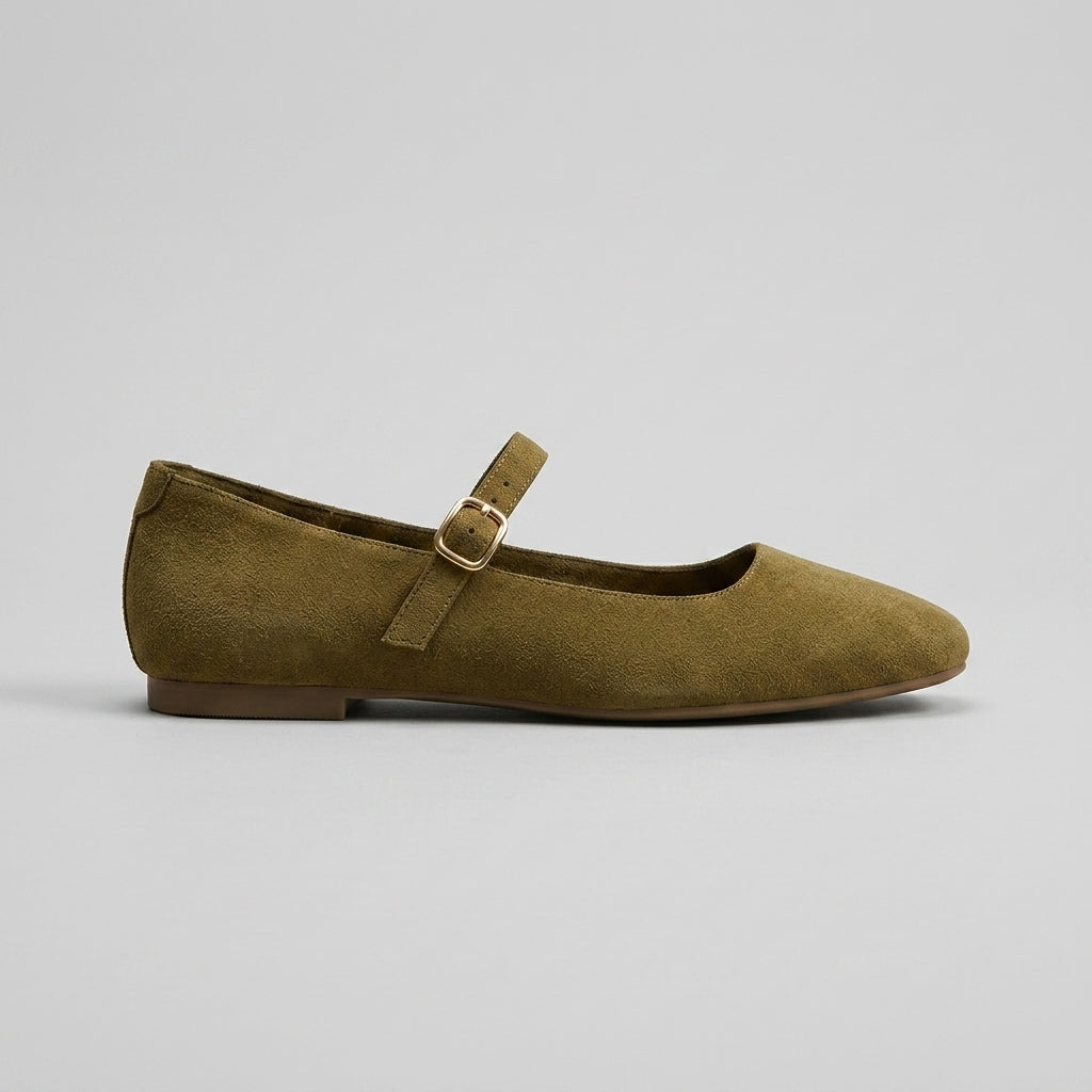 Women's Flats - Mary Jane - Suede - Round Toe - Buckle Strap