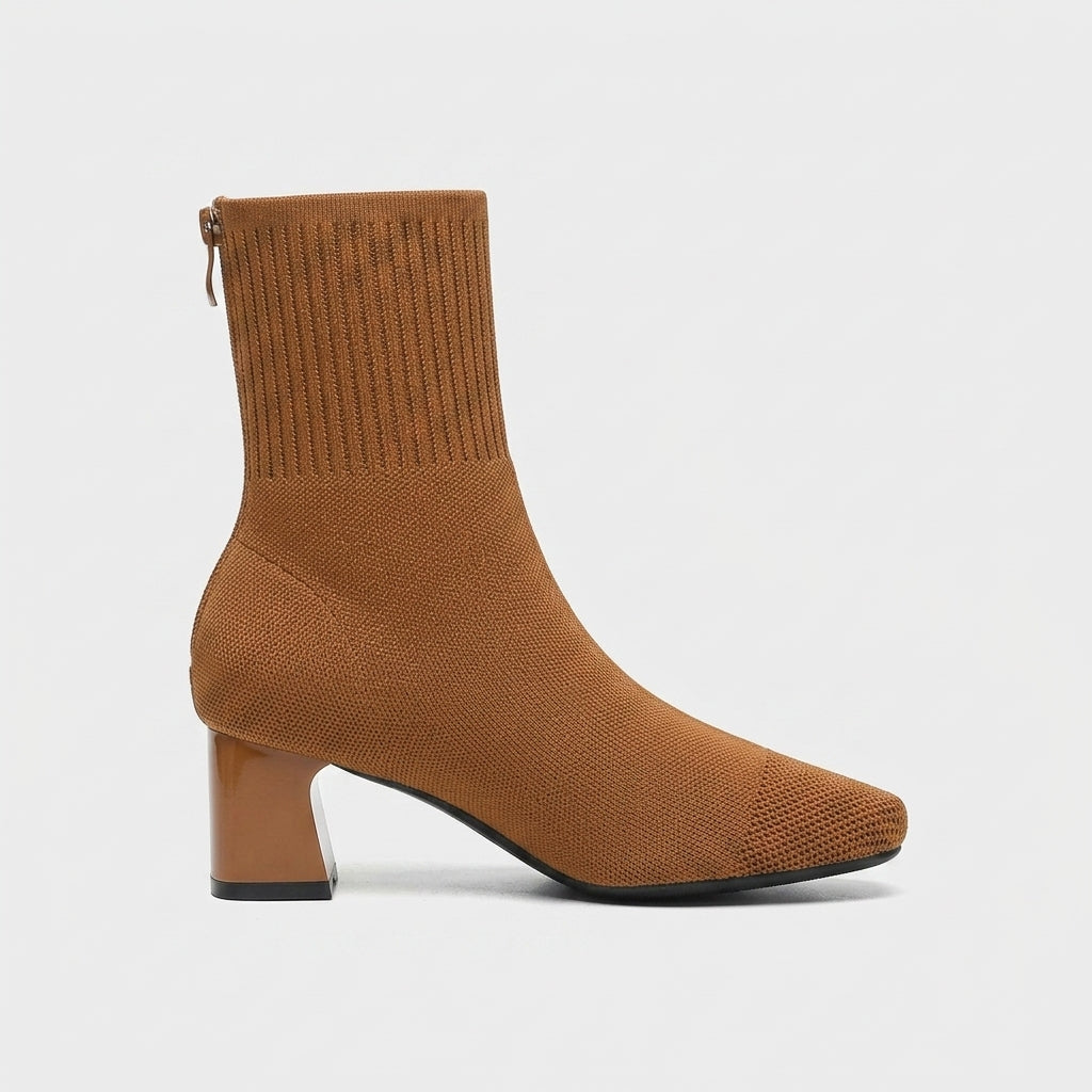Women's Ankle Knitted Boots - Block Heel - Square Toe