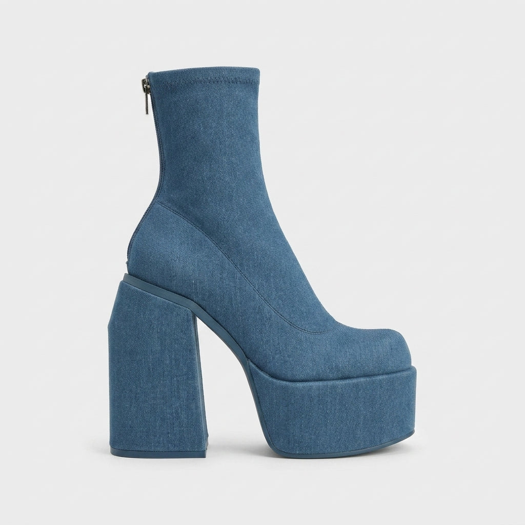 Women's Platform Boots - Ankle - Chunky Block Heel - Sock Fit - Side Zip