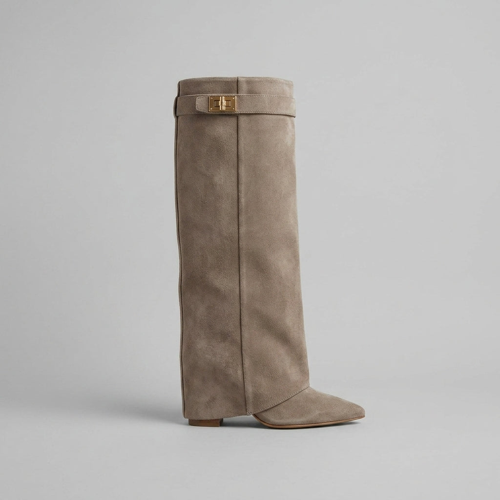 Women's Knee High Boots - Pointed Toe - Block Heel - Gold Buckle