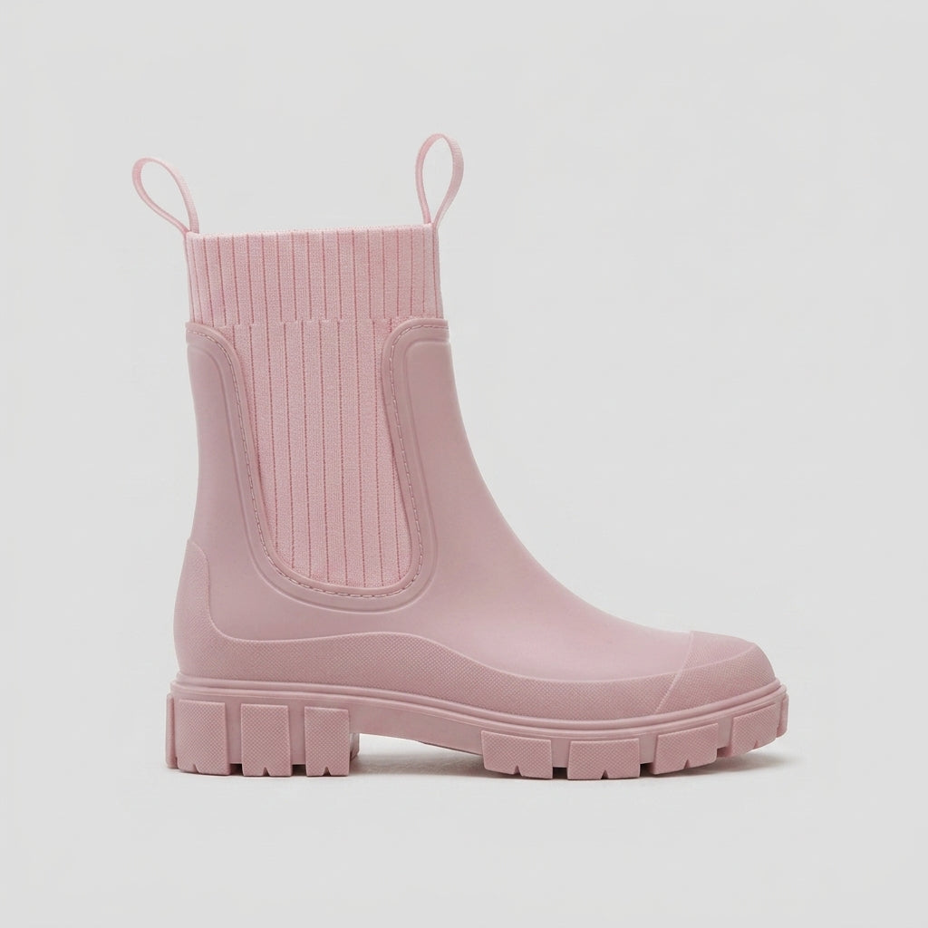 Women's Rain Boots - Round Toe Knit Panel Pull-On