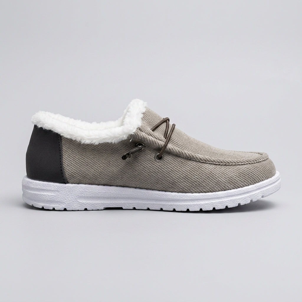 Women's Flats - Faux Fur Lined - Lace-Up Moccasin - Canvas Upper