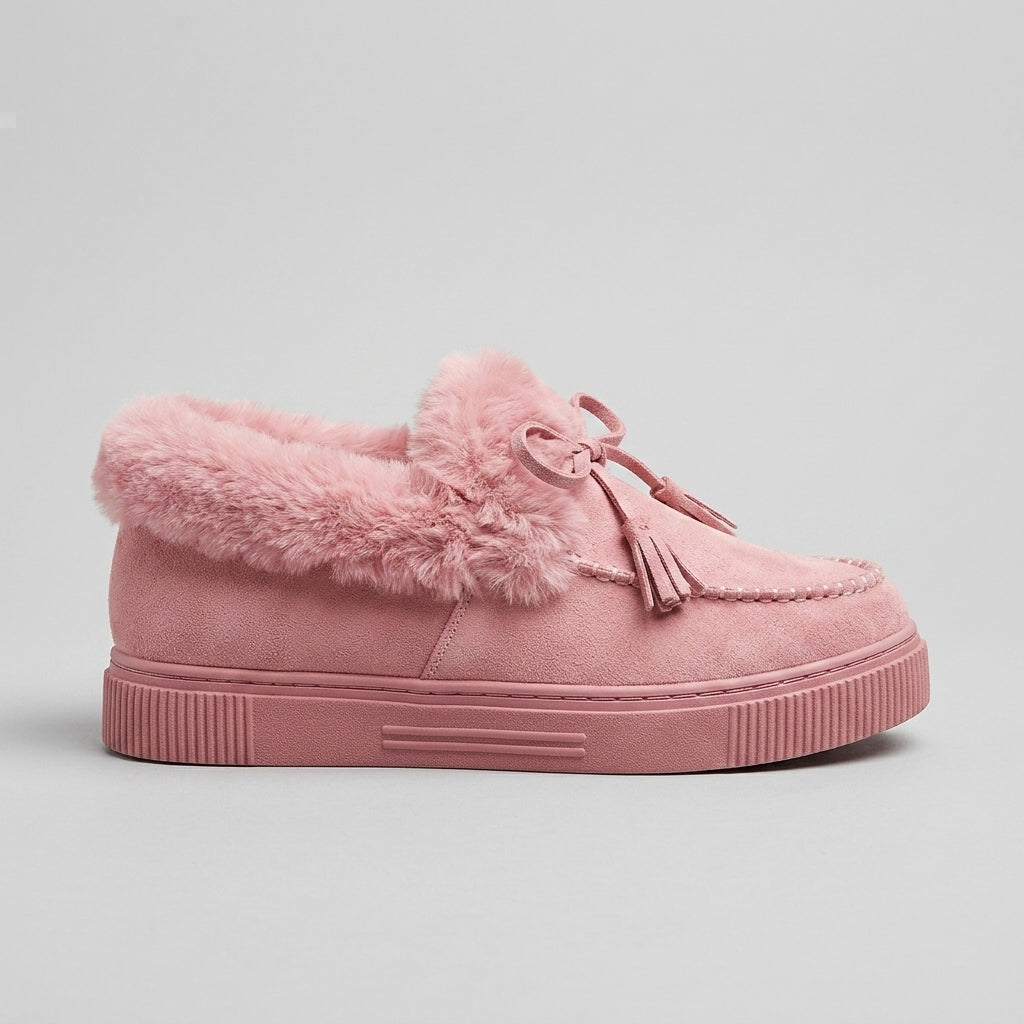 Women's Fur-Trim Platform Moccasins - Round Toe Bow